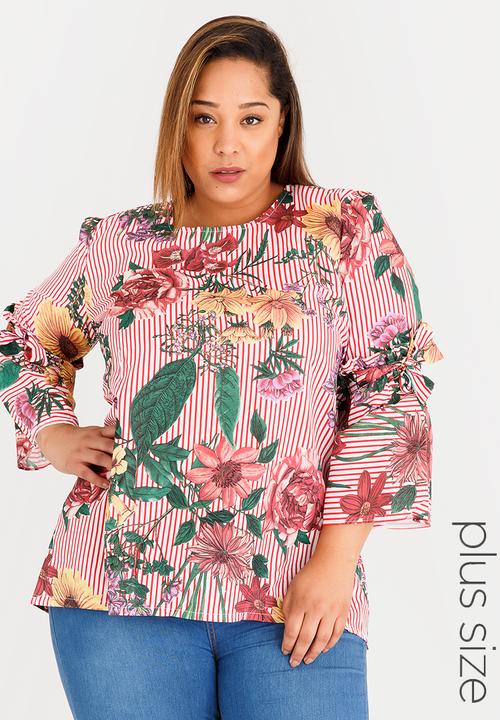 STYLE REPUBLIC PLUS - Floral and Stripe Print Blouse Red