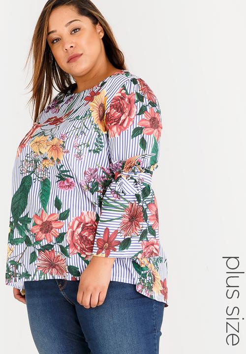 STYLE REPUBLIC PLUS - Floral and Stripe Print Blouse Blue and White