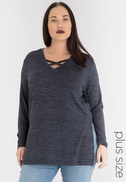 STYLE REPUBLIC PLUS - Criss Cross Neckline High Slit Jersey Black