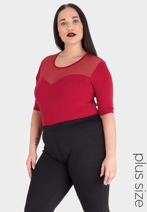 STYLE REPUBLIC PLUS - Mesh Inset Bodysuit Dark Red