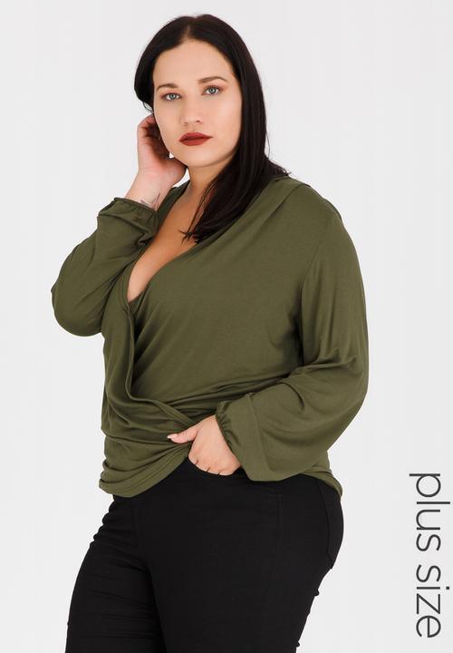 STYLE REPUBLIC PLUS - Lace Inset Wrap Blouse Khaki Green