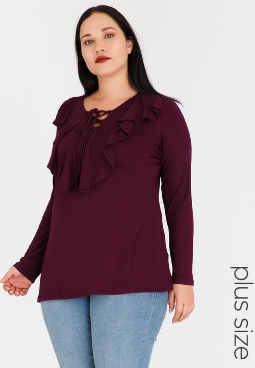 STYLE REPUBLIC PLUS - Frill Lace-Up Top Burgundy