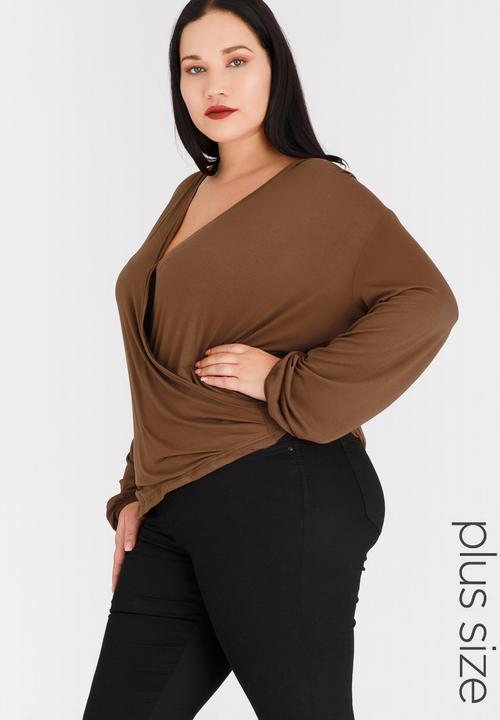STYLE REPUBLIC PLUS - Lace Inset Wrap Blouse Brown