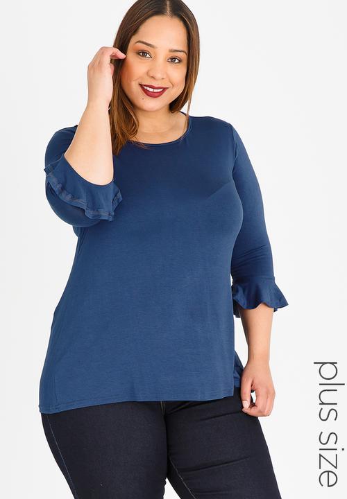 edit Plus - 3/4 Sleeve Frill T-Shirt Mid Blue