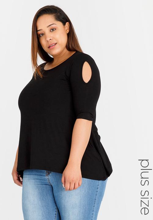 edit Plus - Cold Shoulder T-shirt with 3/4 Sleeves Black