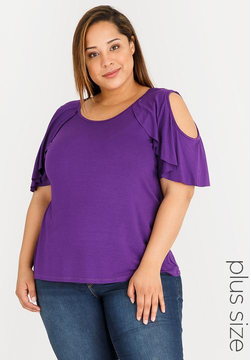 STYLE REPUBLIC PLUS - Cold Shoulder Frill T-shirt Mid Purple
