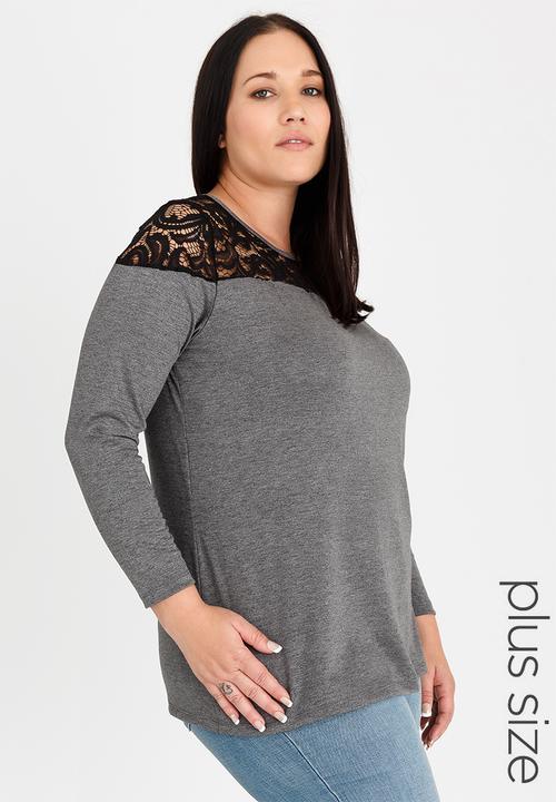 STYLE REPUBLIC PLUS - Lace Inset T-shirt Dark Grey