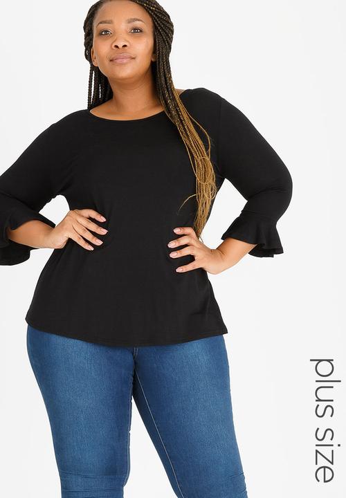 edit Plus - 3/4 Sleeve Frill T-Shirt Black