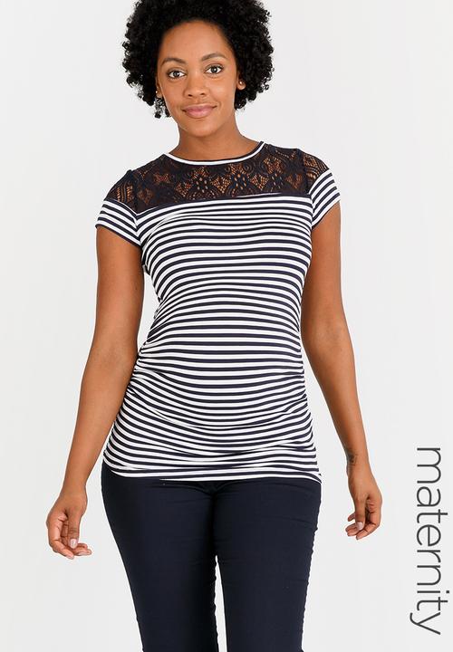 edit Maternity - Lace Inset Stripe T-shirt Navy & White