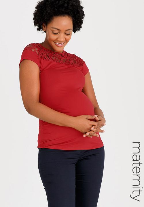 edit Maternity - Lace Inset Stripe T-shirt Red