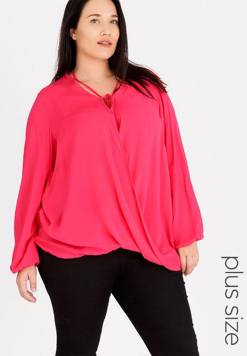 edit Plus - Wrap Over Blouse with Front Detail Cerise Pink