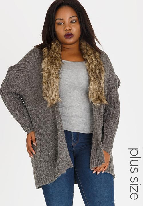 Brave Soul - For Me Faux Fur Collar Cardigan Charcoal