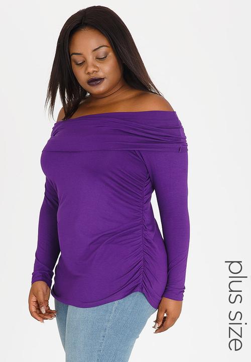 STYLE REPUBLIC PLUS - Bardot Tee with Side Ruched Detail Dark Purple