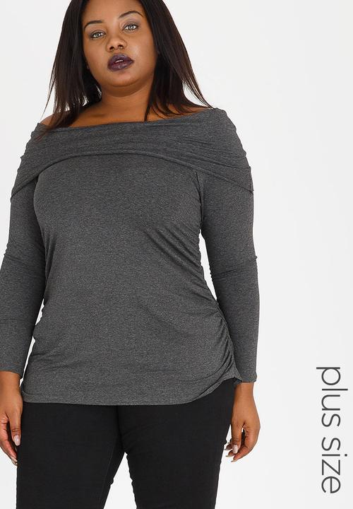 STYLE REPUBLIC PLUS - Bardot Tee with Side Ruched Detail Grey Melange