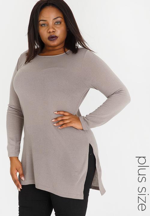 Plus Size Sage Grey Solid Thumbhole Loose Knit Long Sleeve Top
