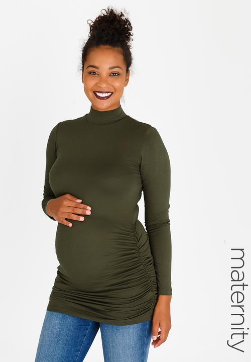 edit Maternity - Turtle Neck Top with Side Gauge Khaki Green