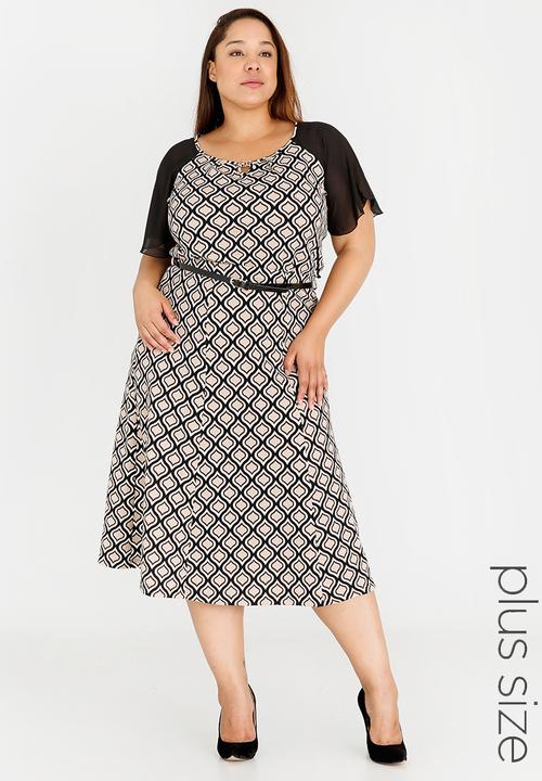 edit Plus - Printed Skirt with Belt Black and Cream
