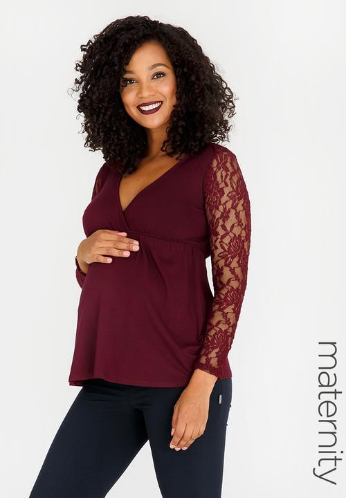 Cherry Melon - Lace Sleeve Crossover Feeding Top Burgundy