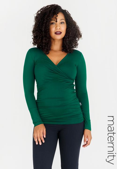 Cherry Melon - Longsleeve Gauged Wrap Top Dark Green