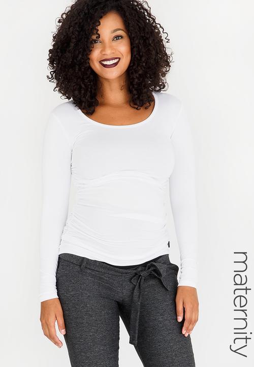 Cherry Melon - Maternity Round Neck Top with Side Detail Long Sleeve - White