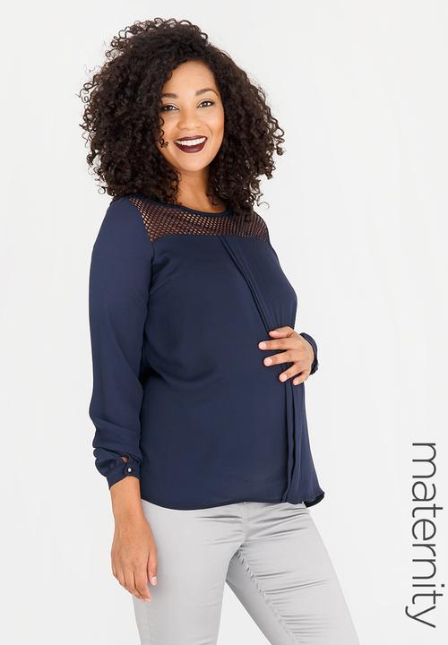 Cherry Melon - Box Pleat Lace Inset Blouse Navy