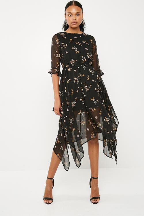 Chiffon floral asymmetric hem midi dress black - multi