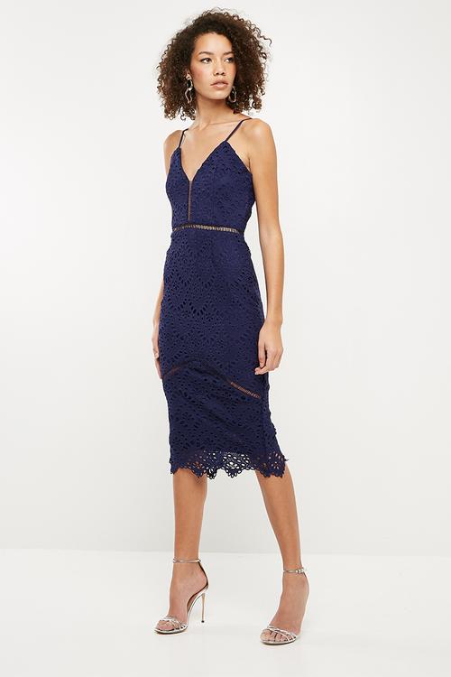 Lace ladder detail midi dress - navy