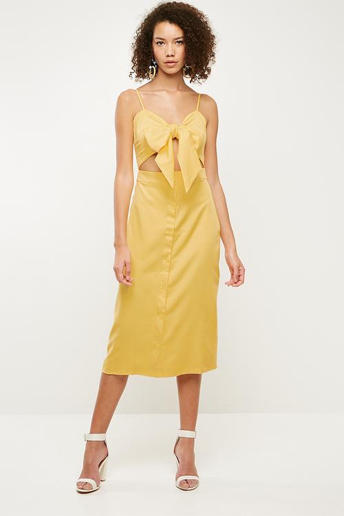 Tie front button down strappy midi dress - yellow