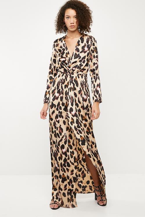 Leopard print wrap front shift maxi dress - gold & black
