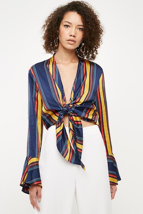 Flared sleeve tie front striped top - multi