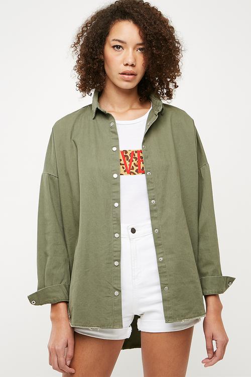 Oversized denim shirt - khaki
