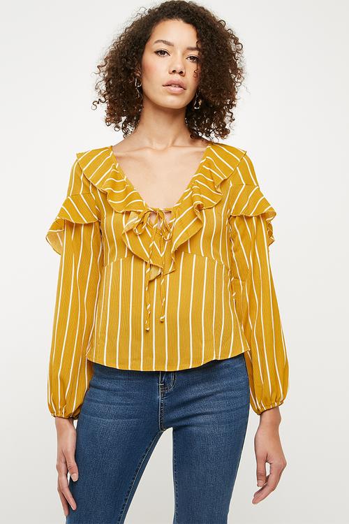 Striped frill tea blouse - mustard