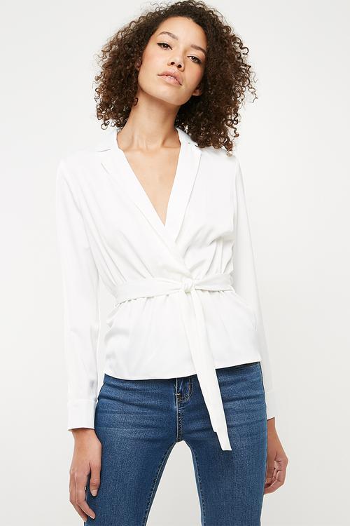Satin tie waist top - white