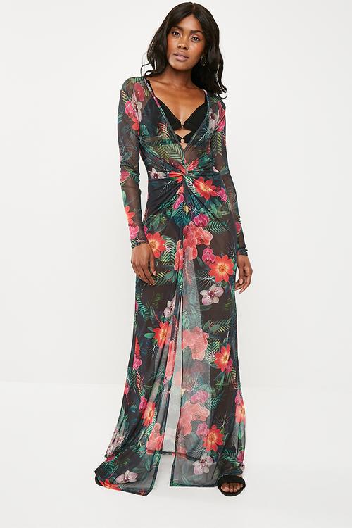 Floral thigh split sheer mesh maxi dress - black