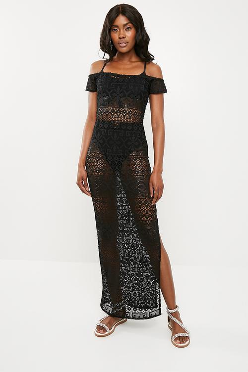 Crochet bardot maxi dress - black