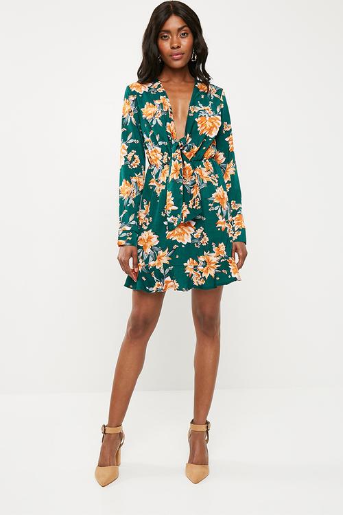 Floral plunge tie front dress - green