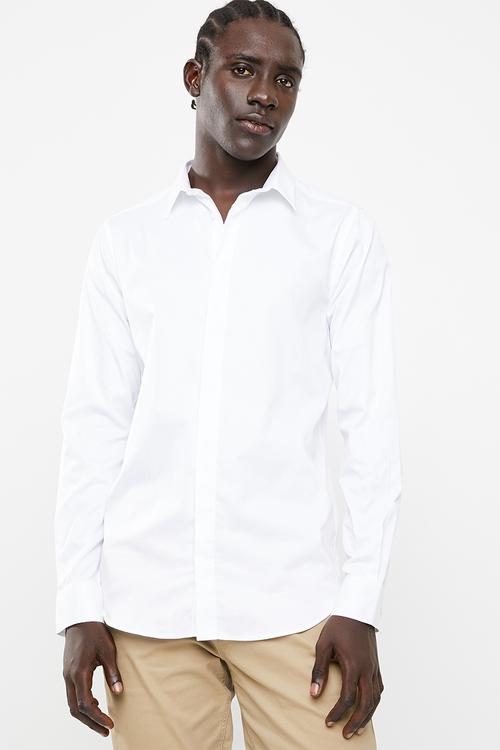 Concealed button stand poplin shirt - white