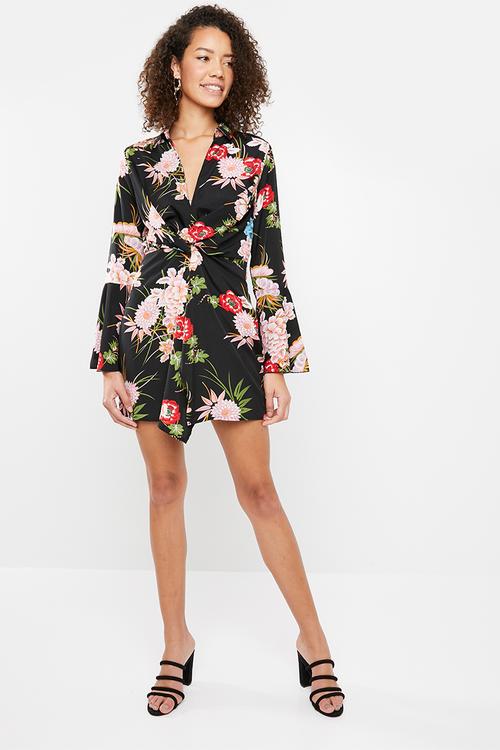 Chiffon floral twist front mini dress - black 