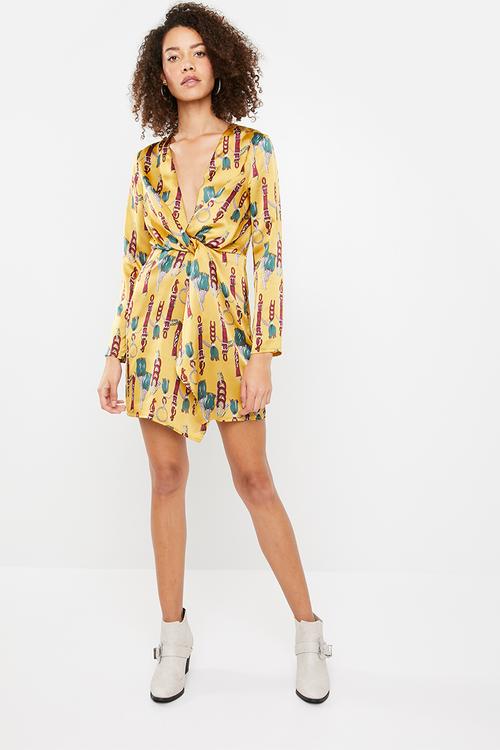 Chain print twist front dress - mustard