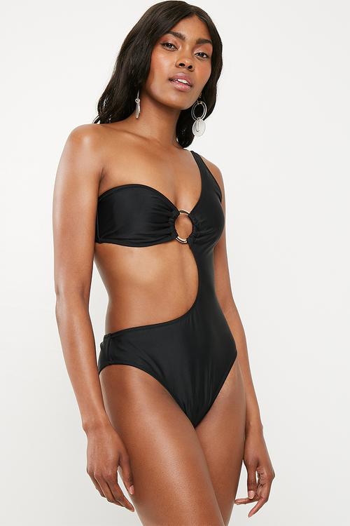 One shoulder ring front cut out swimsuit - black 