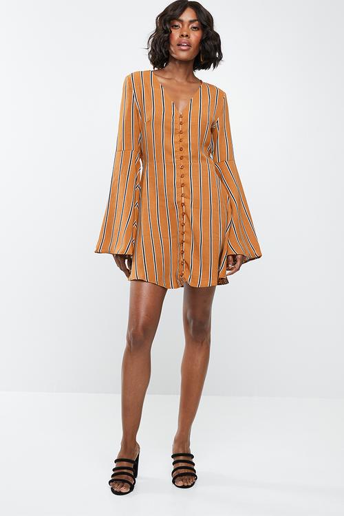 Stripe flare sleeve button front dress - mustard