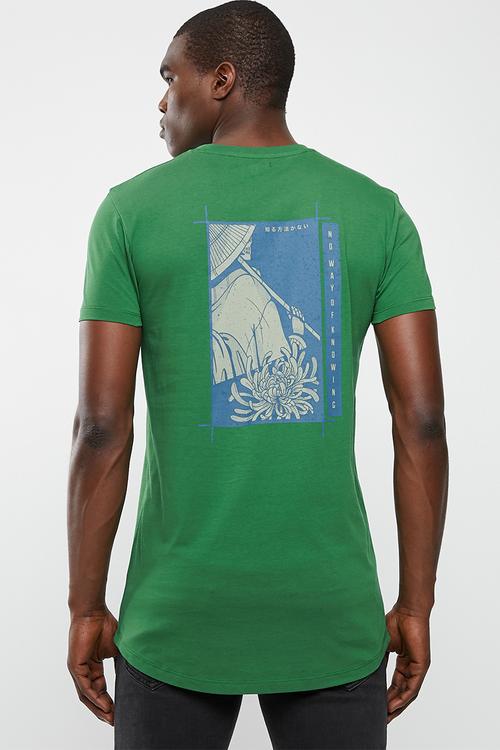 Curved hem longline printed tee - green