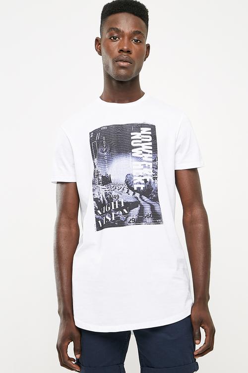 Curved hem longline tee printed  - white