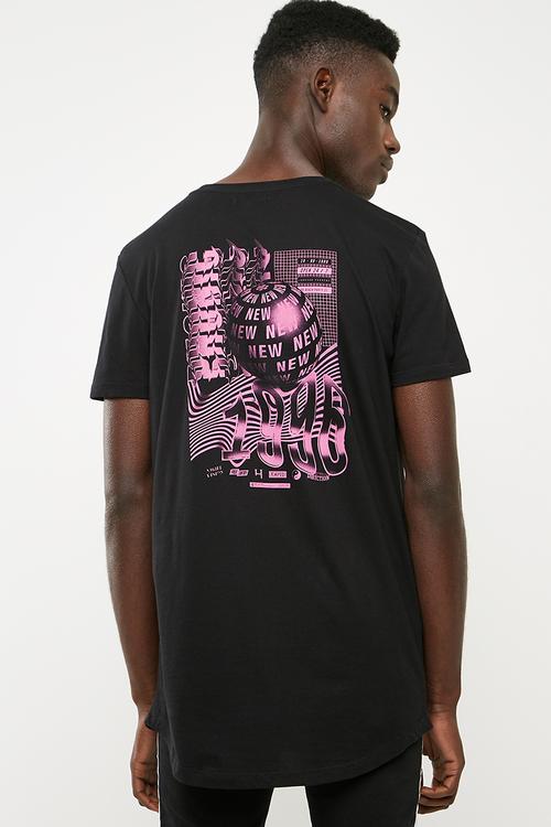 Curved hem longline tee printed - black 