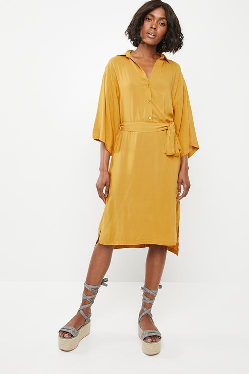 Self-tie shirt dress - yellow