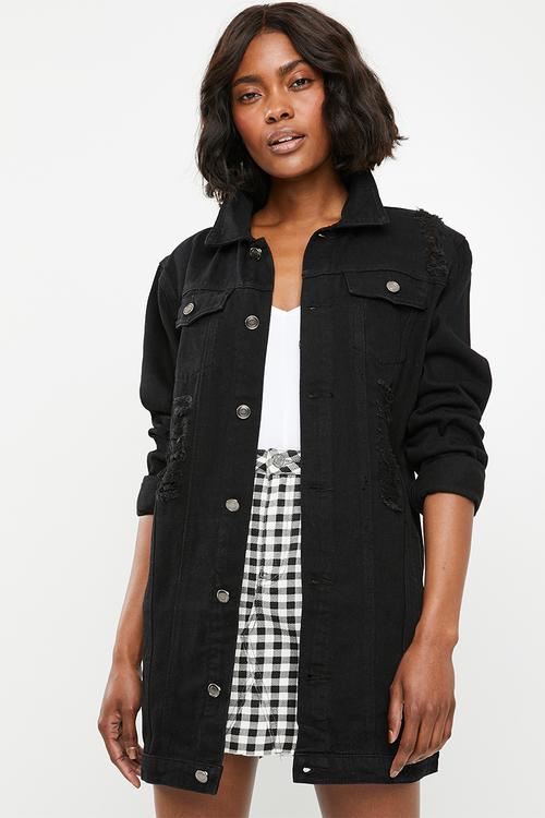 Longer length denim trucker - black