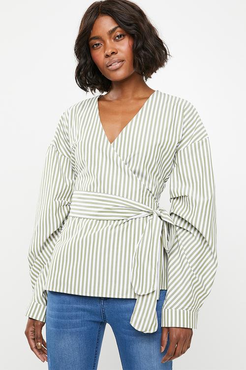 Volume sleeve wrap blouse - green & white