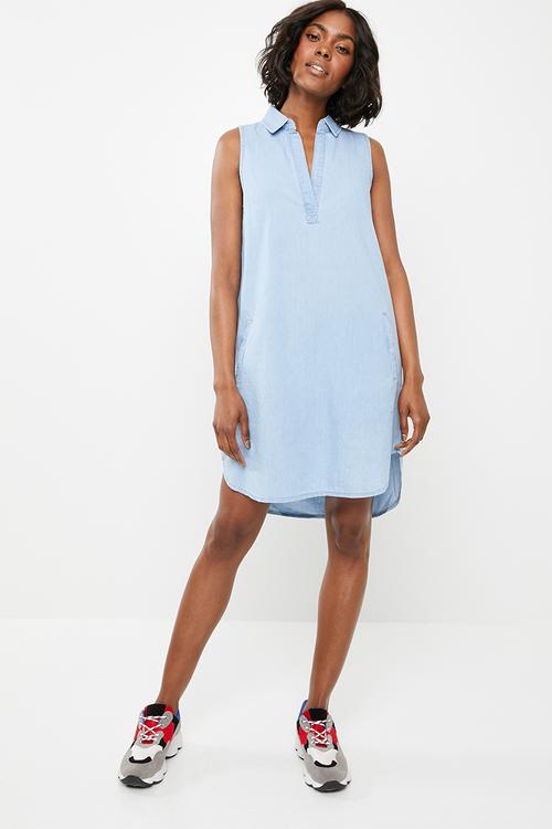 Sleeveless denim tunic with pockets - blue