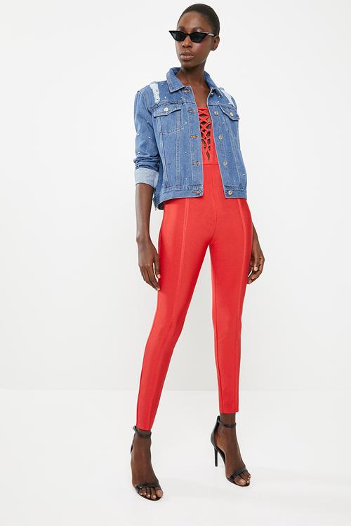 Front lace up detailed jumpsuit - red