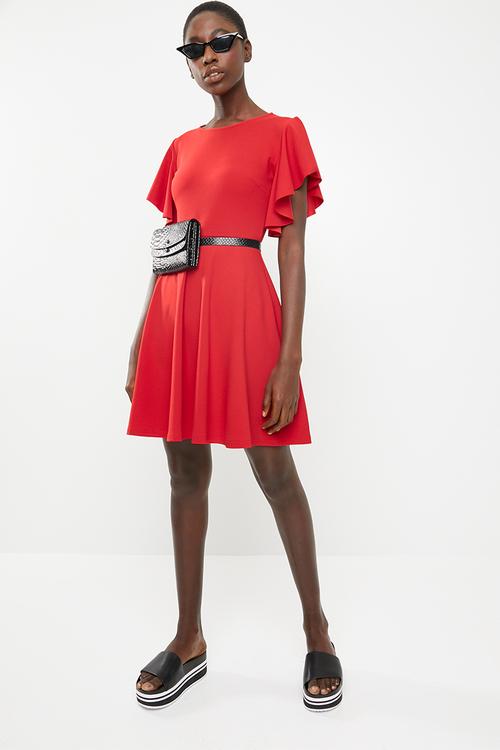 Sleeve detail fit And flare dress - red